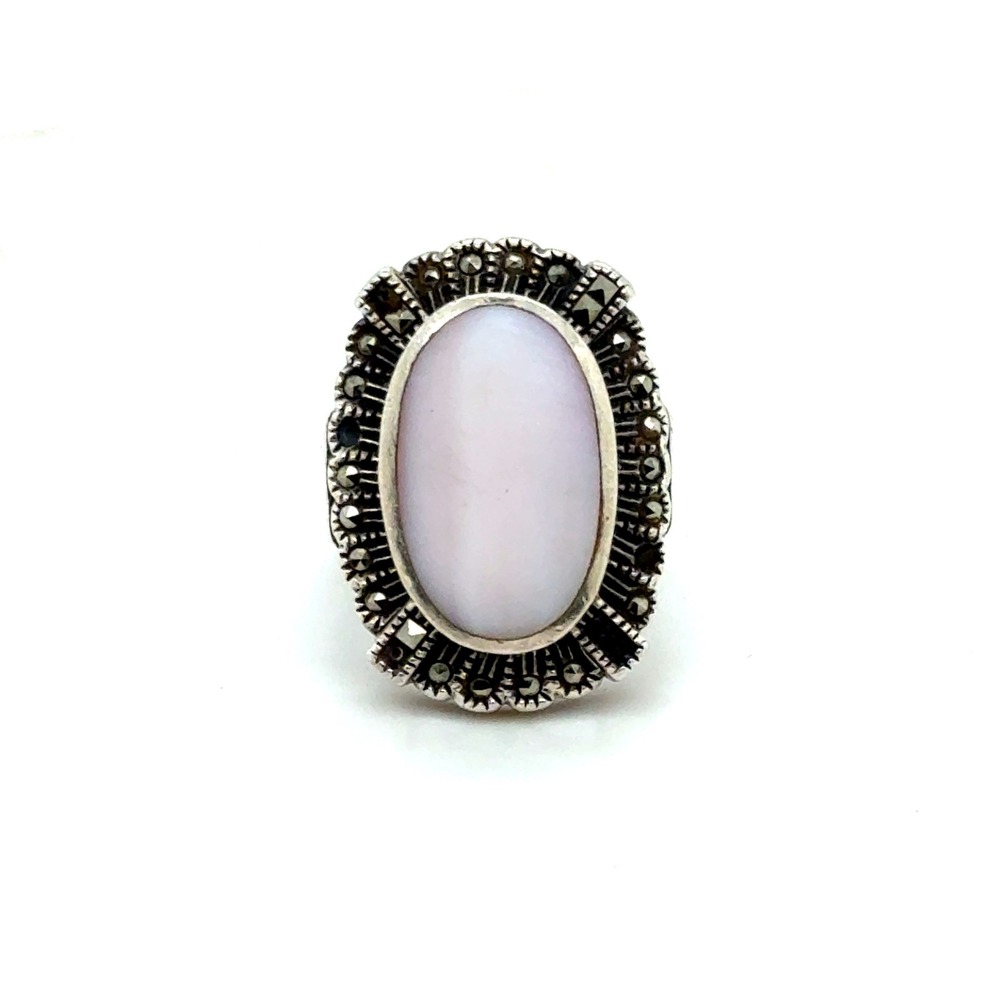 Vintage Sterling Silver Marcasite Mother of Pearl Oval Statement Ring Size 7